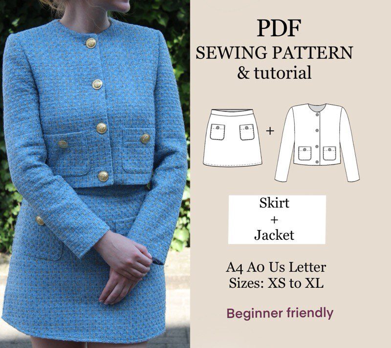 jacket and skirt women pdf sewing pattern , easy digital PDF , XS-XL , instant download , tweed crop jacket mini skirt pattern with tutorial