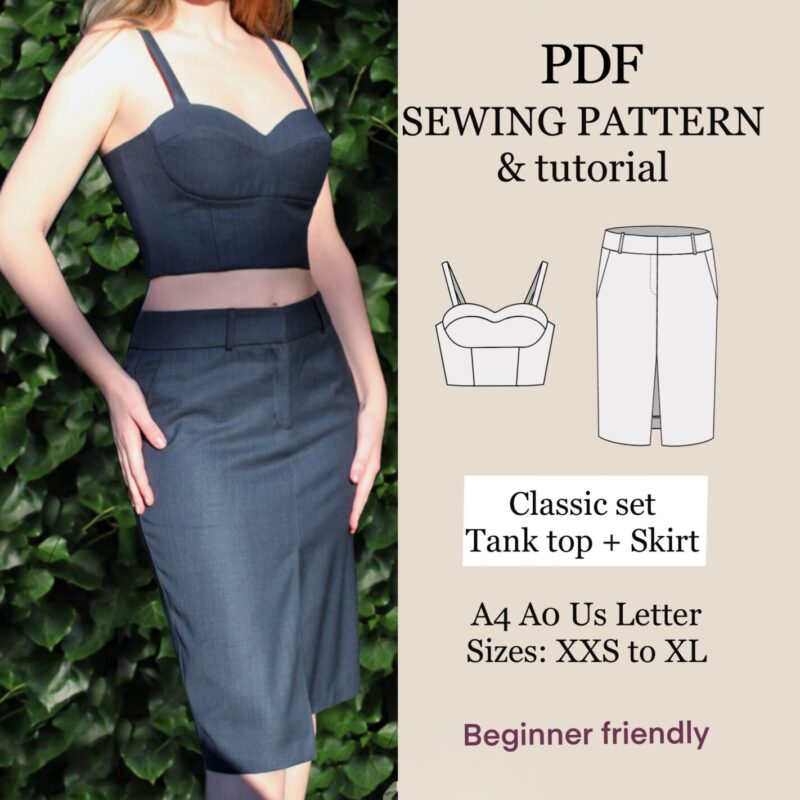 Corset top back zipper beginner set PDF sewing pattern |women easy crop top pattern | classic women skirt pattern | XXS-XL |instant download