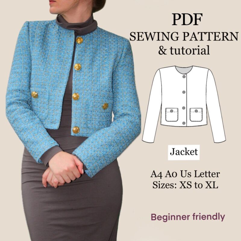 short formal women jacket pdf sewing pattern , buttons jacket , pockets jacket pattern , instant download , XS-XL , step by step tutorial
