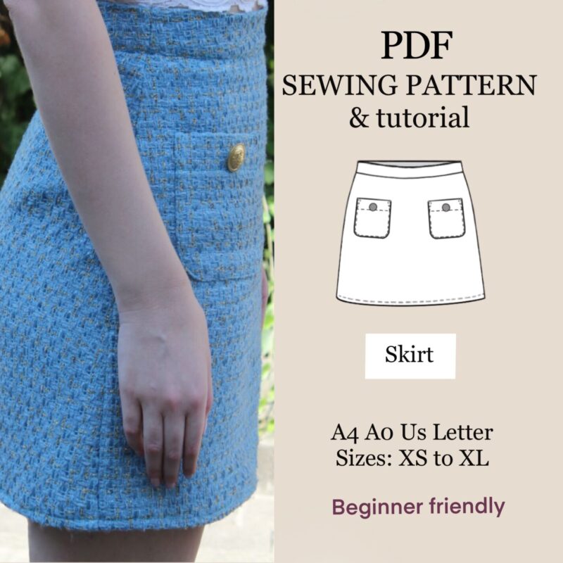 Easy formal women mini skirt pdf sewing pattern , easy digital PDF , instant download , XS-XL , step by step tutorial