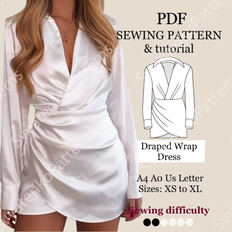 Wrap dress pattern, draped mini dress pattern, women's dress sewing pattern, short dress pattern pdf