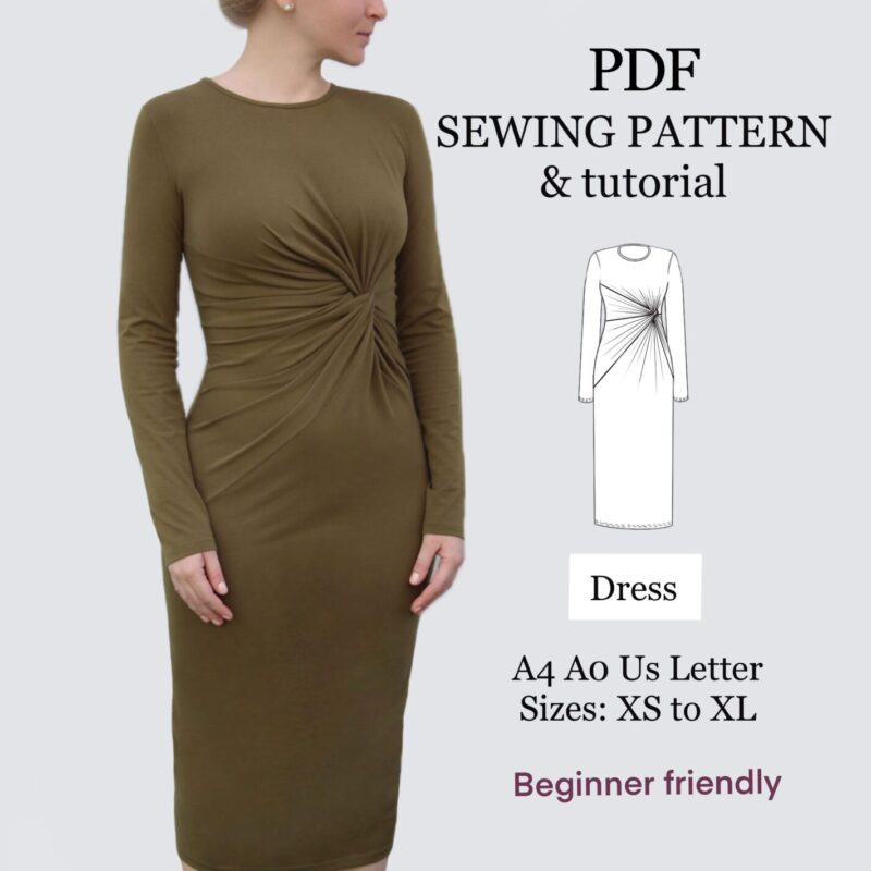Midi bodycon women draped dress front twist easy pdf sewing pattern , cocktail dress , beginner friendly , XS-XL , instant download
