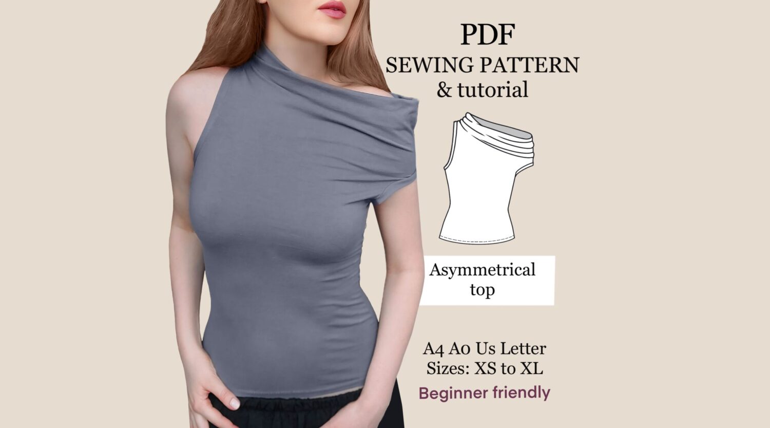 Asymmetrical Off Shoulder Knit Bodycon top PDF Sewing Pattern , beginner friendly pattern , XS-XL , instant download , women top pattern