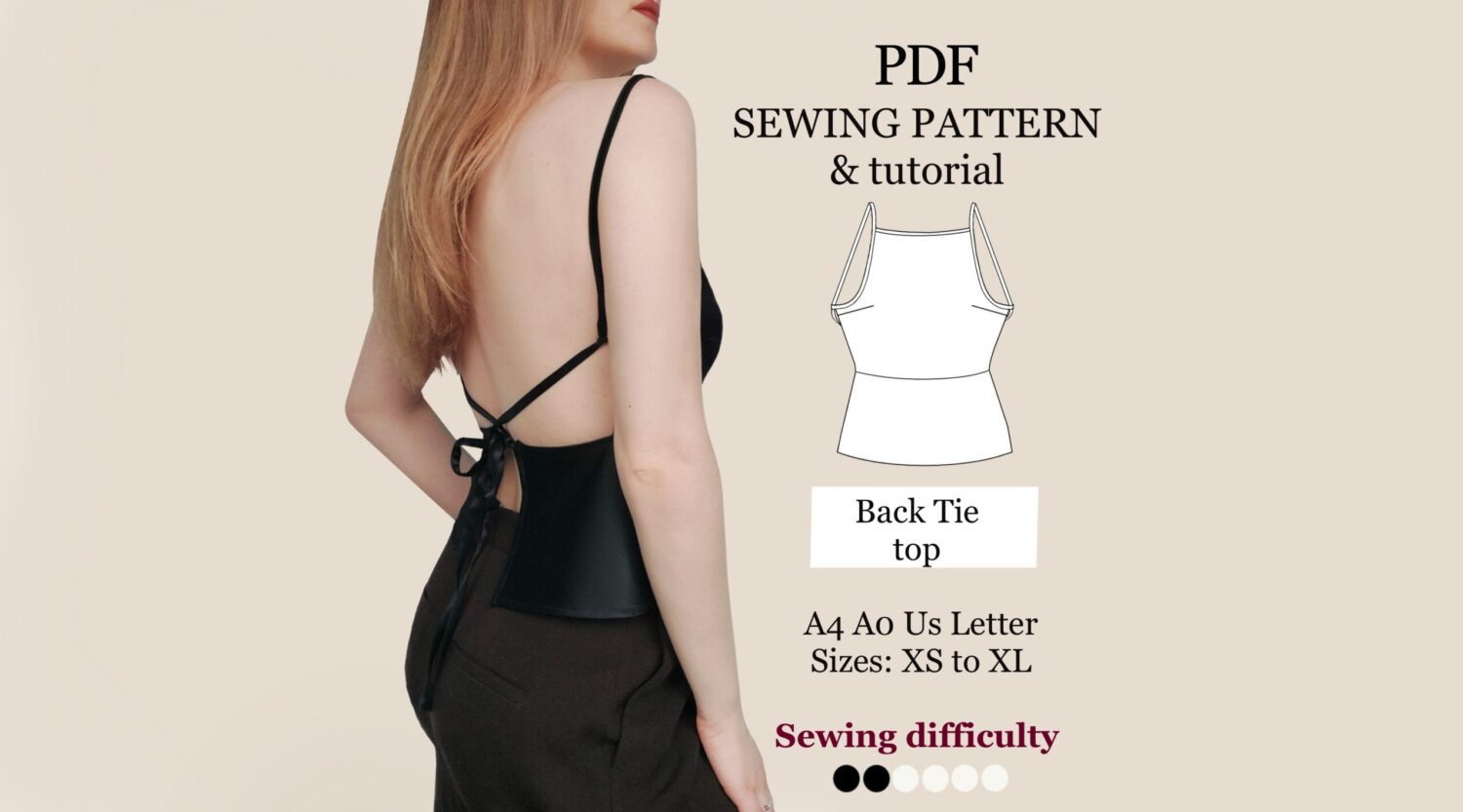 Back Tie Top Sewing Pattern | XS-XL | Instant Download | Easy Digital PDF |step by step written tutorial| Strappy Cami Summer Open Back Top
