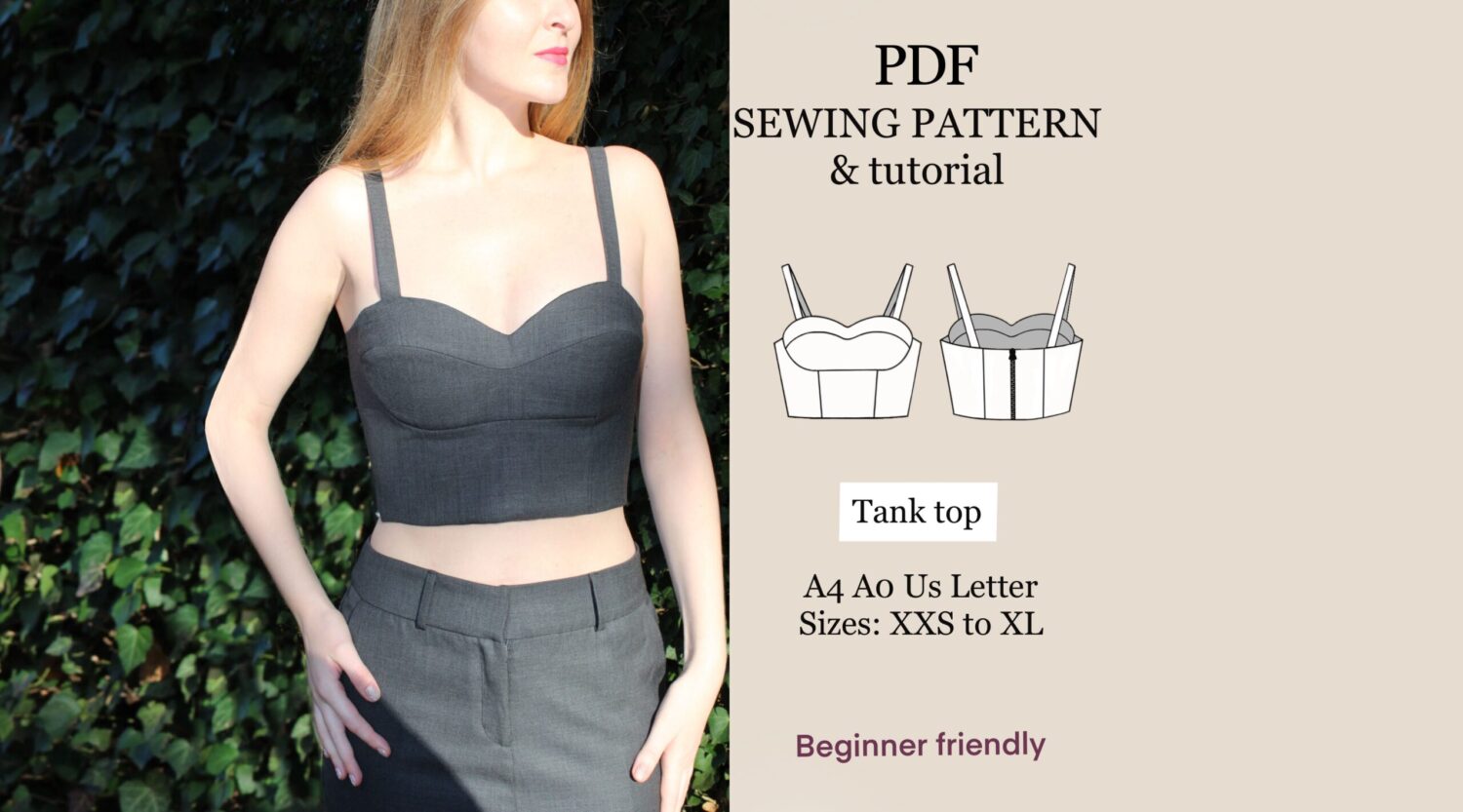 Corset Top easy PDF Sewing Pattern |XXS-XL|Instant Download| Women's Crop Top sweetheart neckline | top bustier sewing pattern with zipper