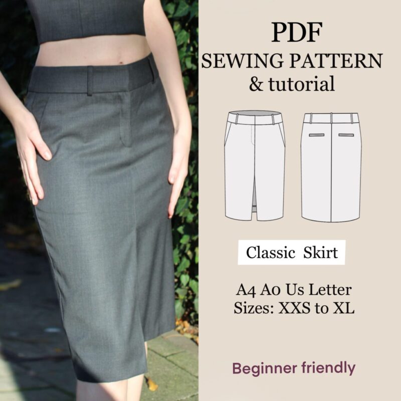 Midi classic skirt with slit beginner pdf sewing pattern | easy digital PDF | XXS-XL | instant download | women pattern skirt sewing