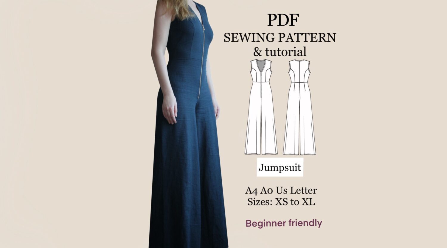 Jumpsuit simple women PDF sewing pattern | overall sewing pattern | XS-XL | instant download | easy digital pdf | wide leg jumpsuit pattern
