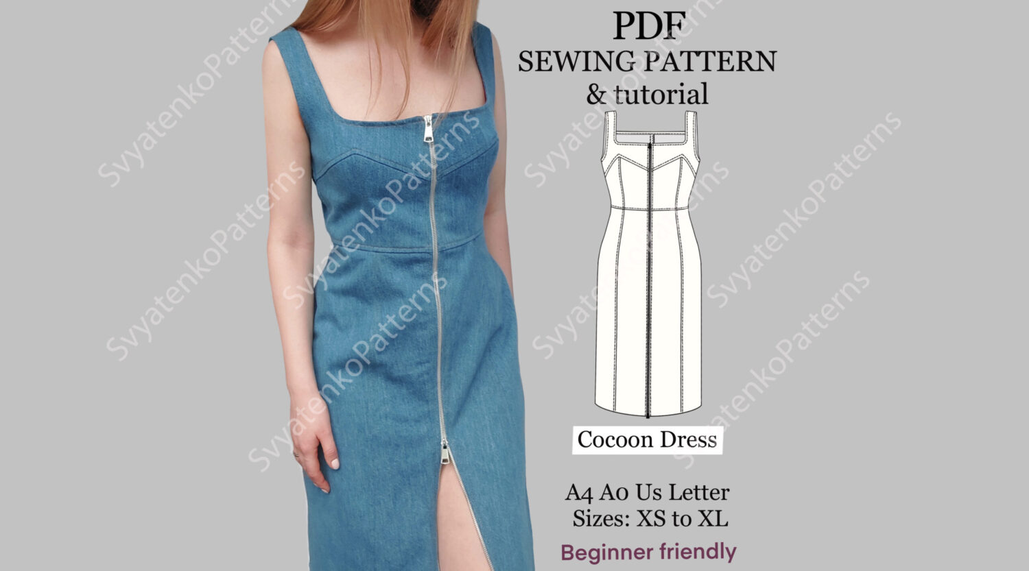Front Zipper Dress Sewing Pattern, PDF Sewing Pattern, Collar Dress, digital download, dress pattern with instructions, Front Zipper sexy