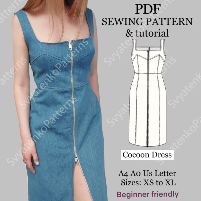 Front Zipper Dress Sewing Pattern, PDF Sewing Pattern, Collar Dress, digital download, dress pattern with instructions, Front Zipper sexy